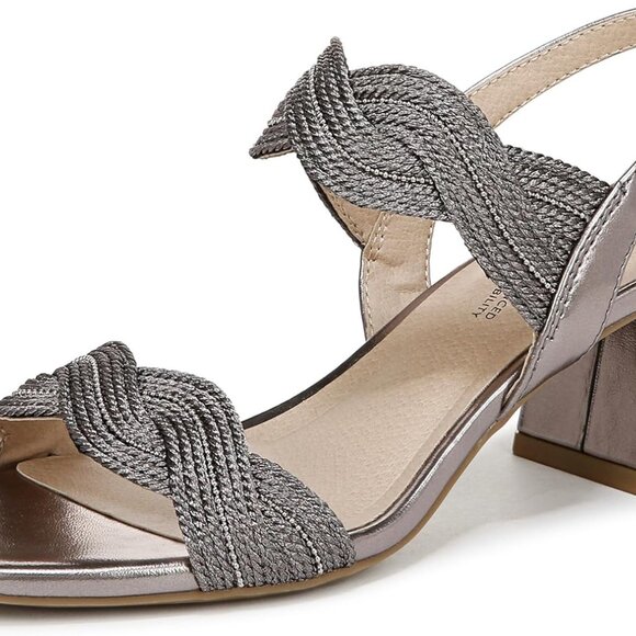 Women's Charnelle Heeled Sandal Faux Leather 7.5 Pewter Buckle Support Comfort - Picture 1 of 9